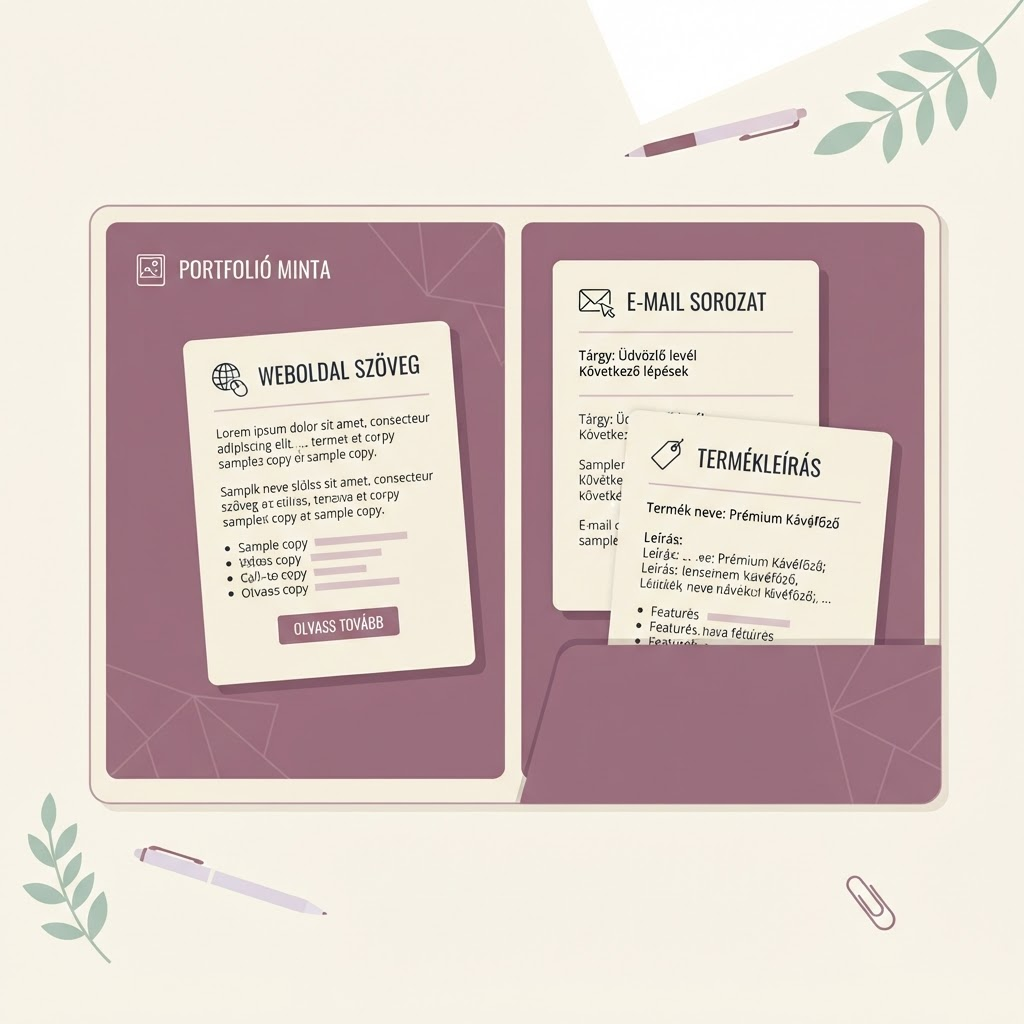 Minta portfólió mappa három gyakorlati szövegmintával: weboldal szöveg, e-mail sorozat, termékleírás
