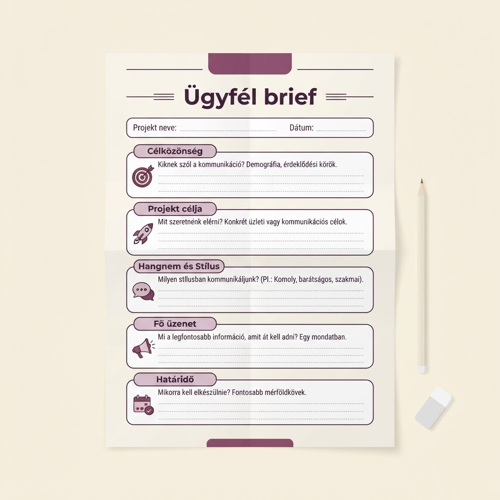 Minta ügyfélbrief-sablon, kitöltésre szánt mezőkkel: célközönség, cél, hangnem, kulcsüzenet, határidő